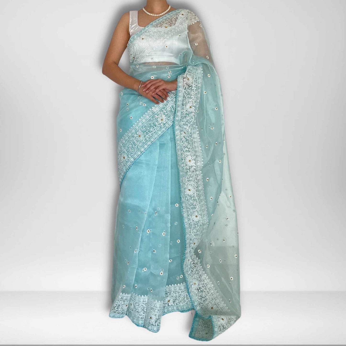 Akasha, Blue Chikankari Organza Saree by Shobhangini, Lucknow Chikan Embroidery Saree