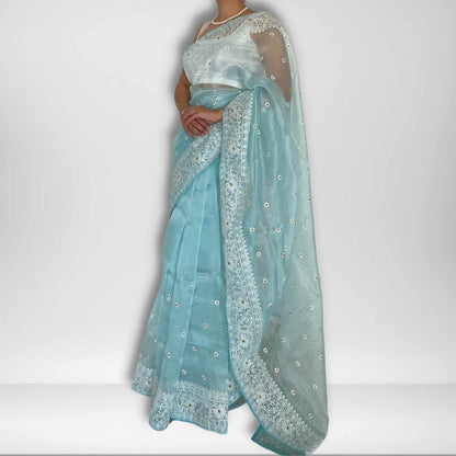 Akasha, Blue Chikankari Organza Saree by Shobhangini, Lucknow Chikan Embroidery Saree