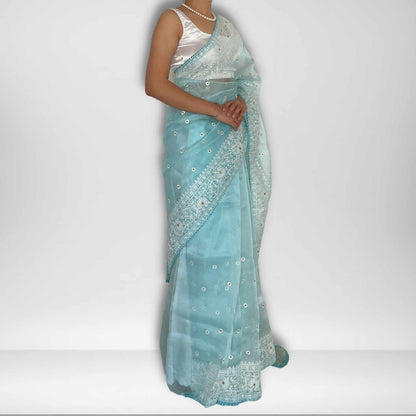 Akasha, Blue Chikankari Organza Saree by Shobhangini, Lucknow Chikan Embroidery Saree