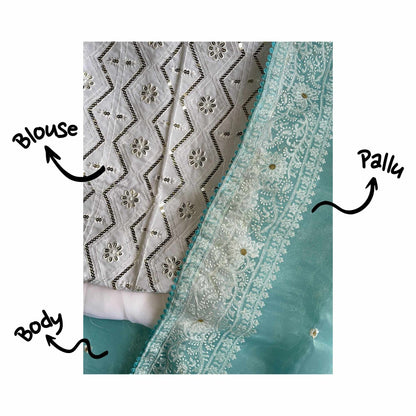 Akasha, Blue Chikankari Organza Saree by Shobhangini, Lucknow Chikan Embroidery Saree