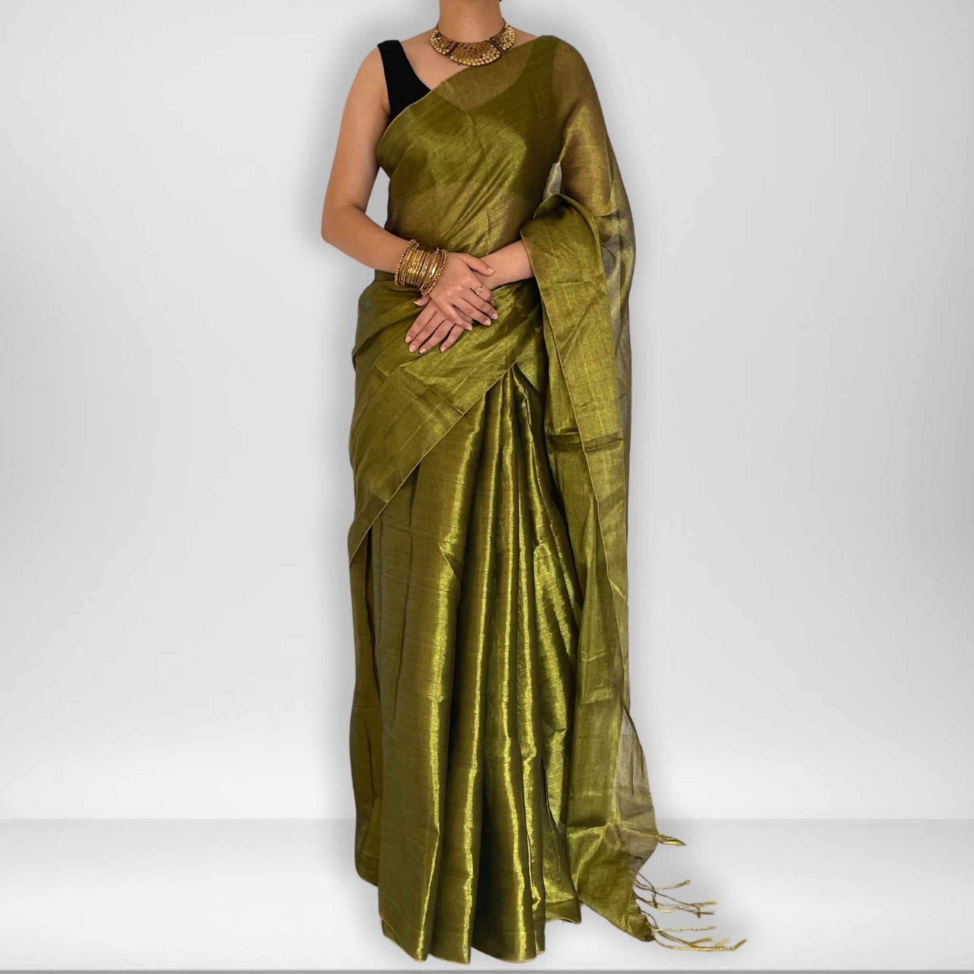 Amara, Green Raga Cotton Tissue Saree with Golden Zari Work by Shobhangini