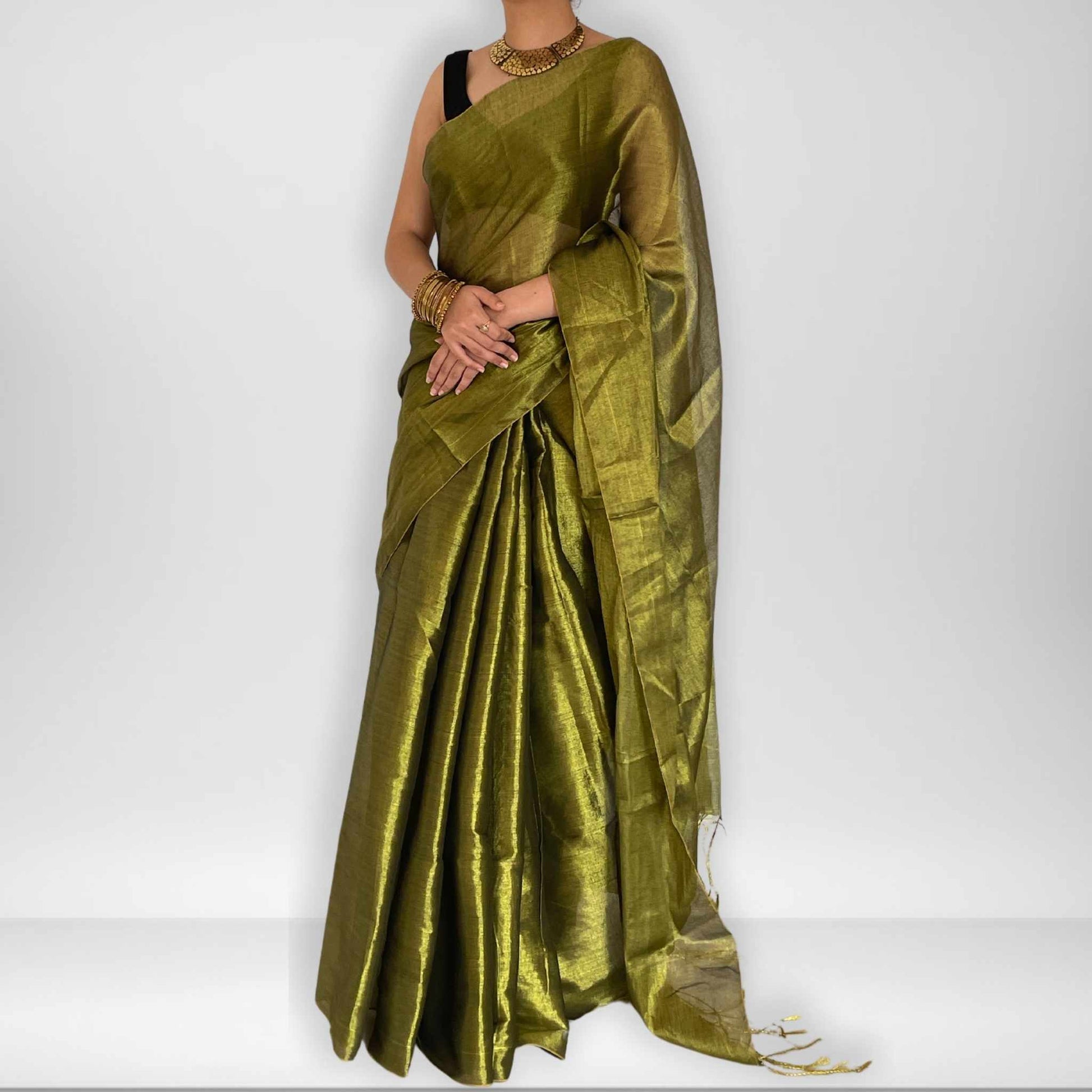 Amara, Green Raga Cotton Tissue Saree with Golden Zari Work by Shobhangini