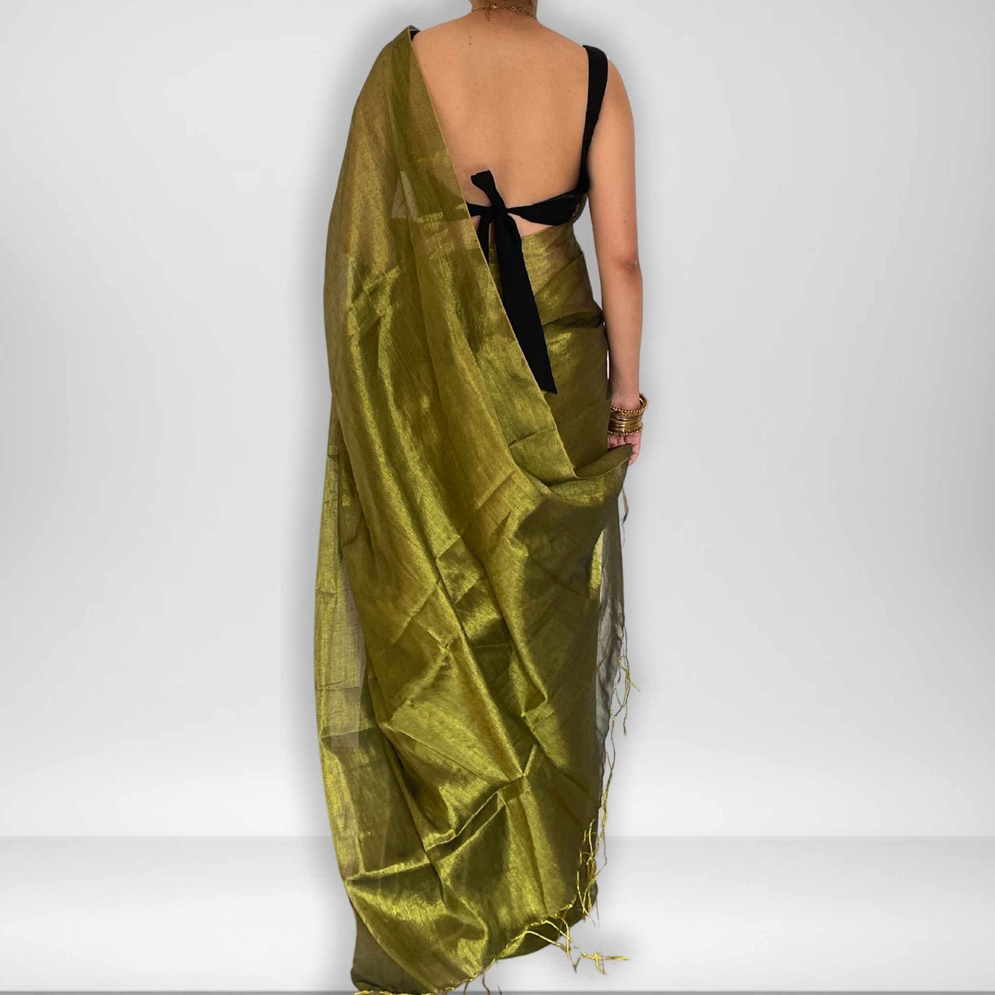 Amara, Green Raga Cotton Tissue Saree with Golden Zari Work by Shobhangini