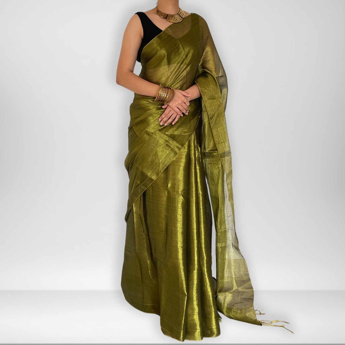 Amara, Green Raga Cotton Tissue Saree with Golden Zari Work by Shobhangini