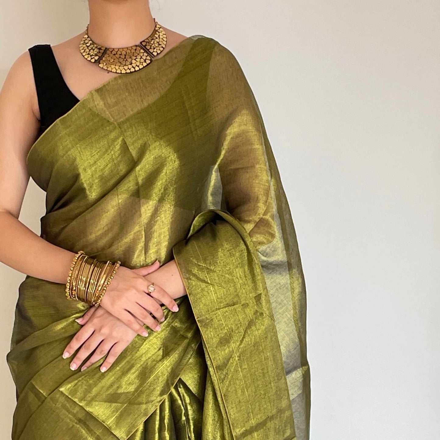 Amara, Green Raga Cotton Tissue Saree with Golden Zari Work by Shobhangini