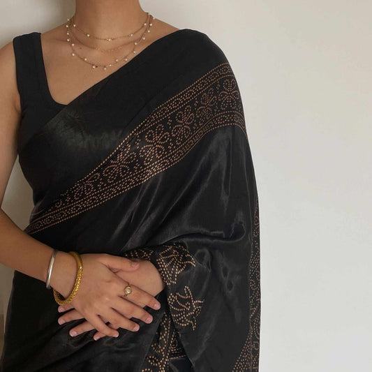 Ananya, Black Modal Saree with Bandhani and Zari Work on Pallu by Shobhangini, Modal Saree, Bandhani Saree