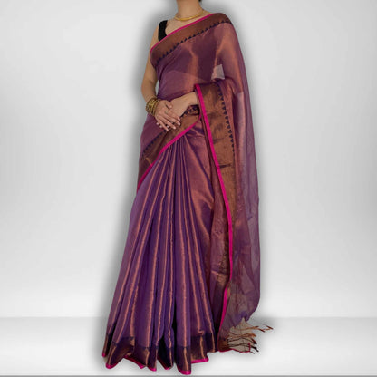 Apsara, Purple Raga Cotton Tissue Saree with Copper Zari Work by Shobhangini