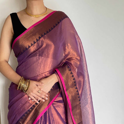 Apsara, Purple Raga Cotton Tissue Saree with Copper Zari Work by Shobhangini