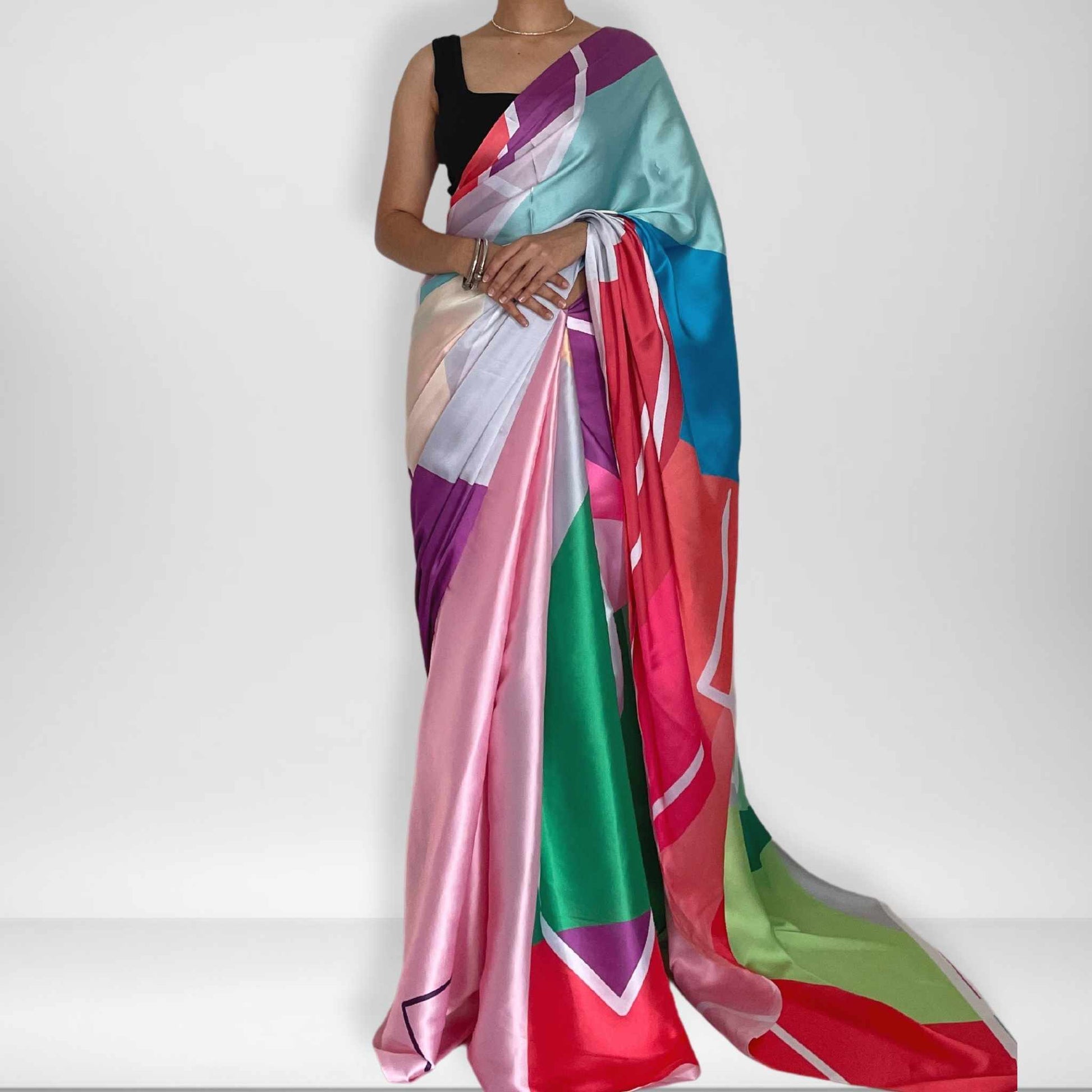 Chandana, Shobhangini Satin Silk Saree, Colorful Geometric Print Saree