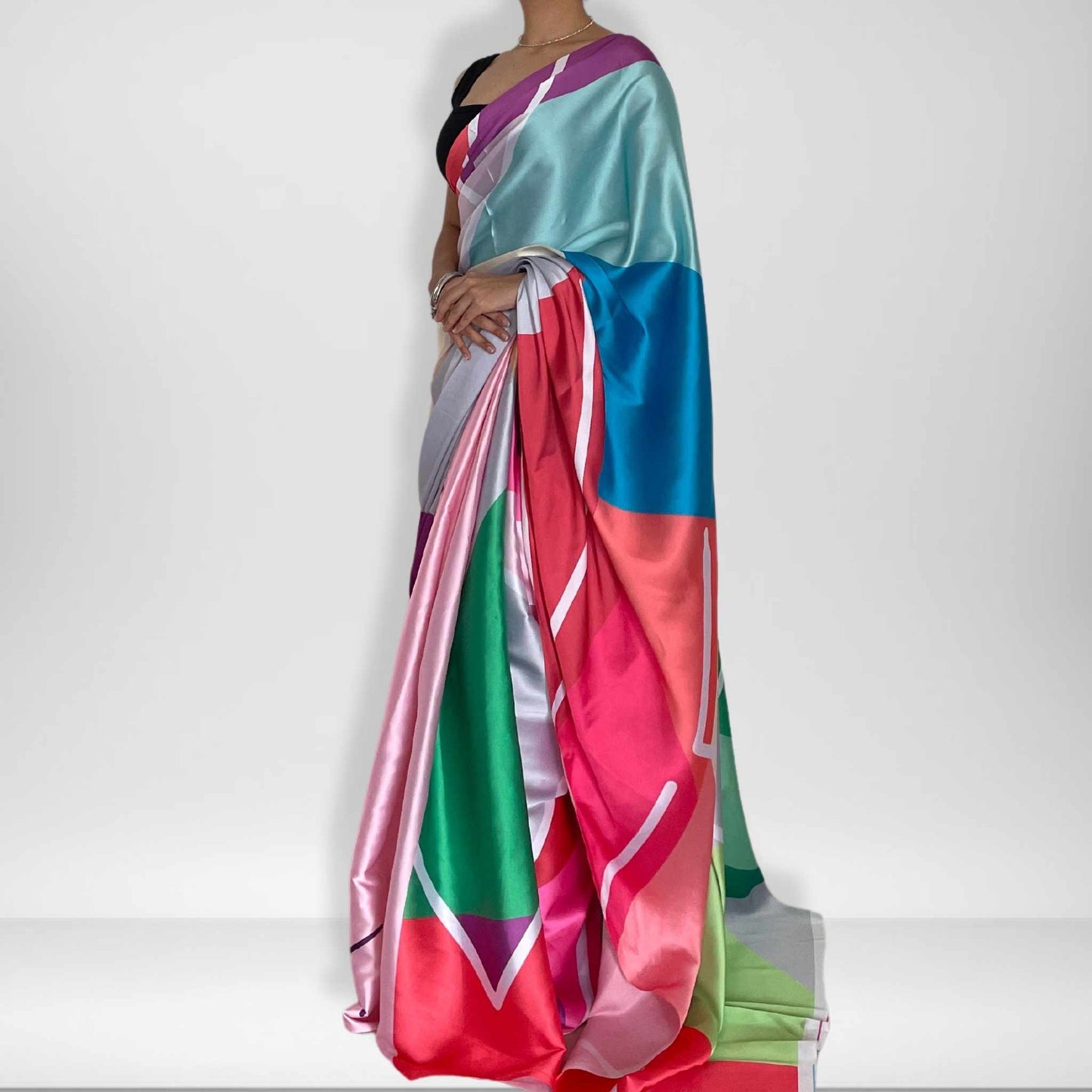 Chandana, Shobhangini Satin Silk Saree, Colorful Geometric Print Saree