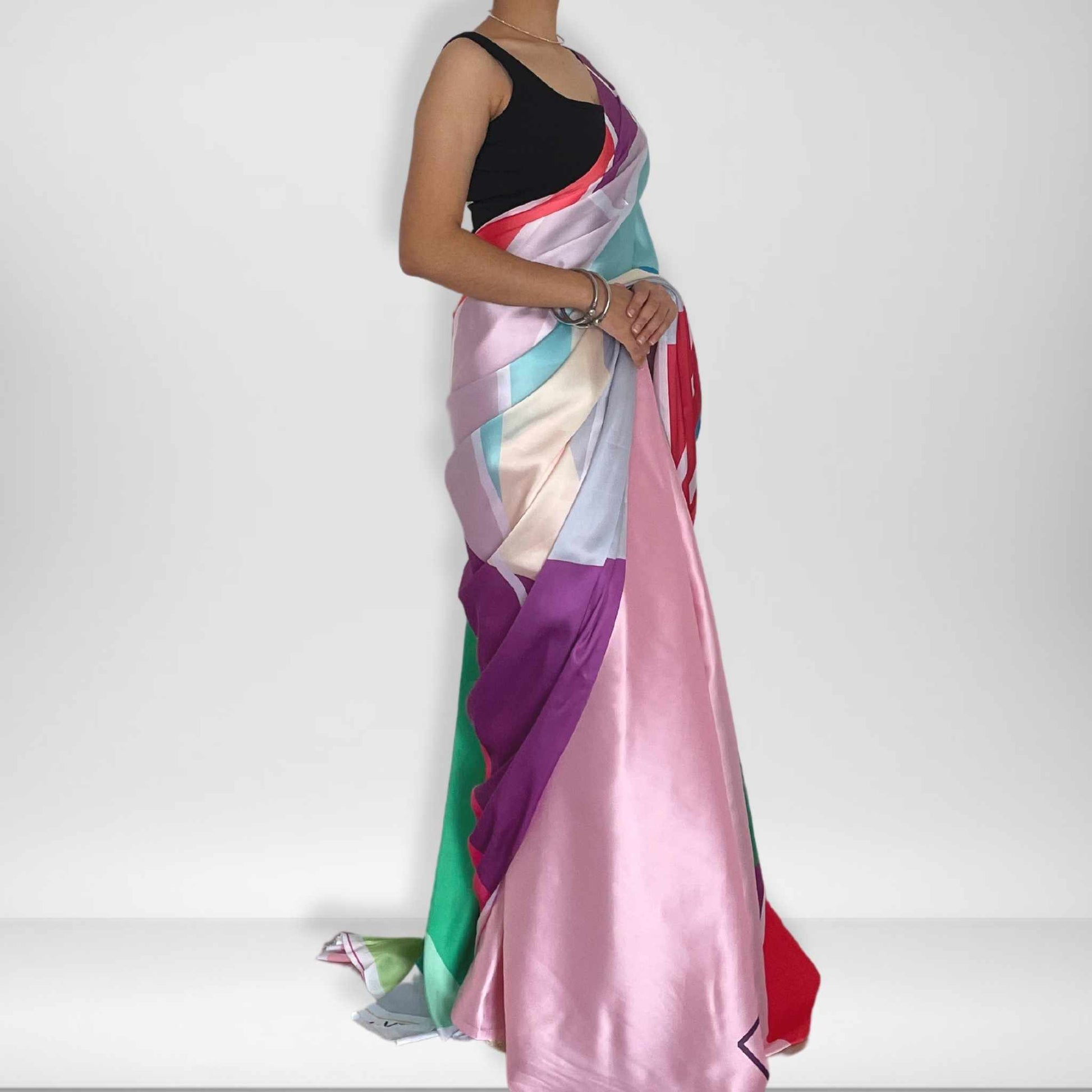 Chandana, Shobhangini Satin Silk Saree, Colorful Geometric Print Saree