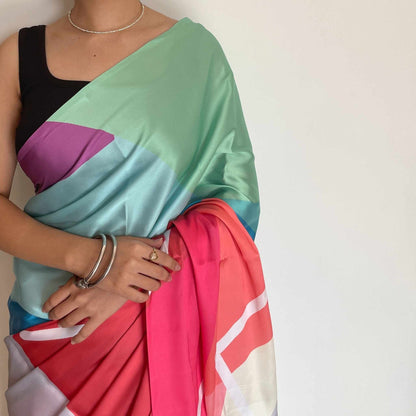 Chandana, Shobhangini Satin Silk Saree, Colorful Geometric Print Saree