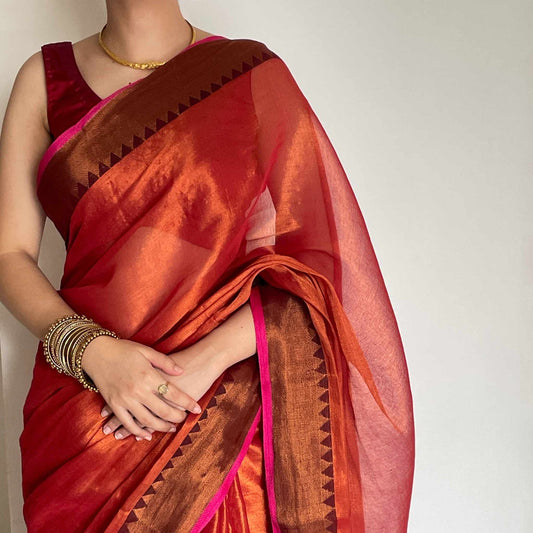 Chitra, Orange Raga Cotton Tissue Saree with Copper Zari Work by Shobhangini