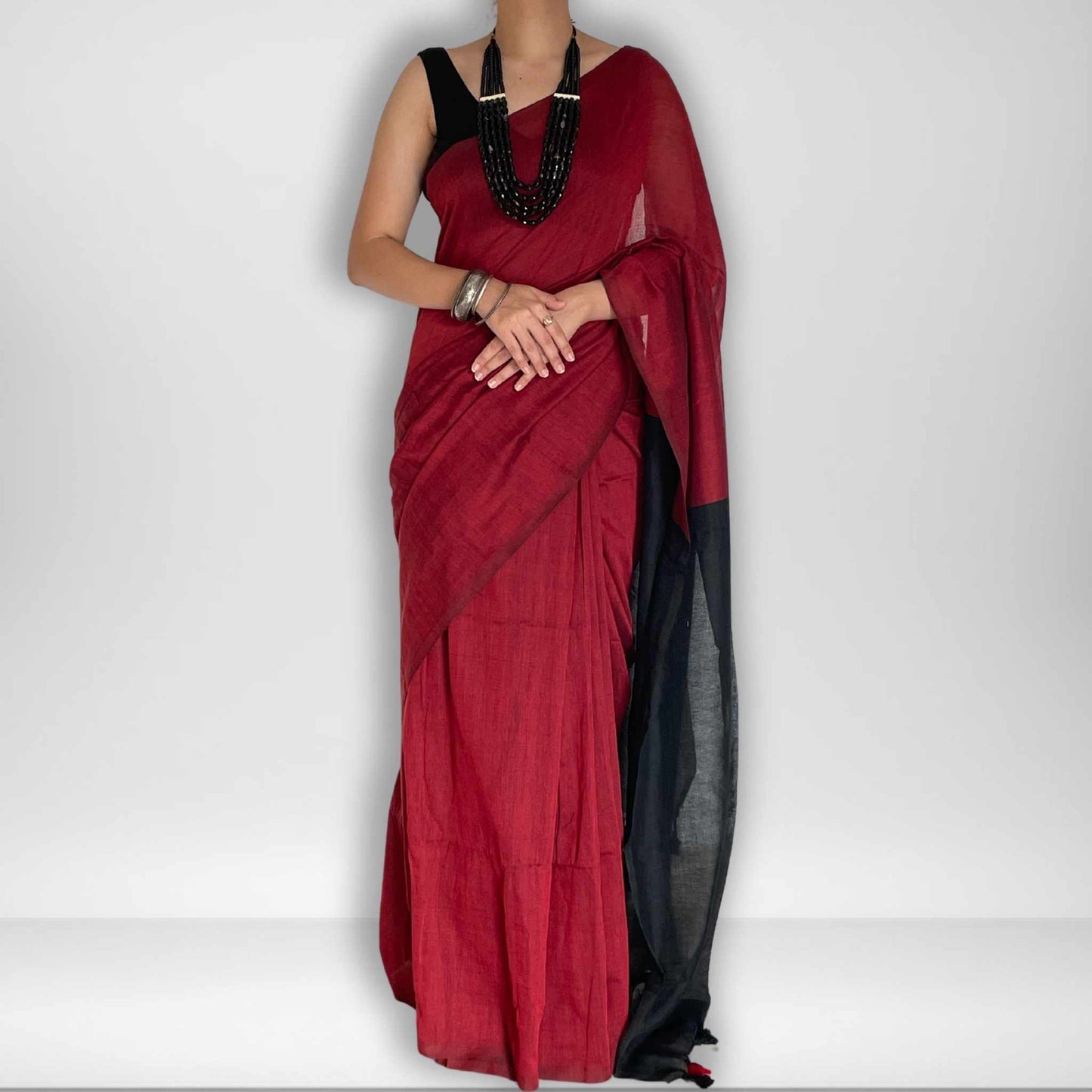 Damini, Red and Black Khadi Saree by Shobhangini, Khadi Saree, Cotton Saree