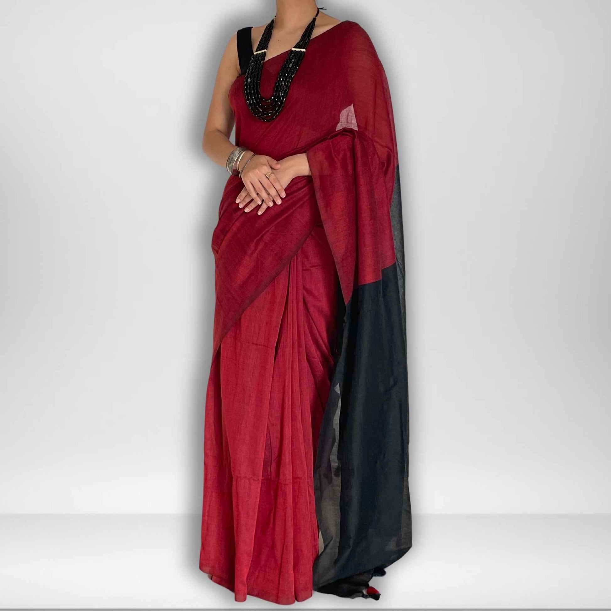 Damini, Red and Black Khadi Saree by Shobhangini, Khadi Saree, Cotton Saree