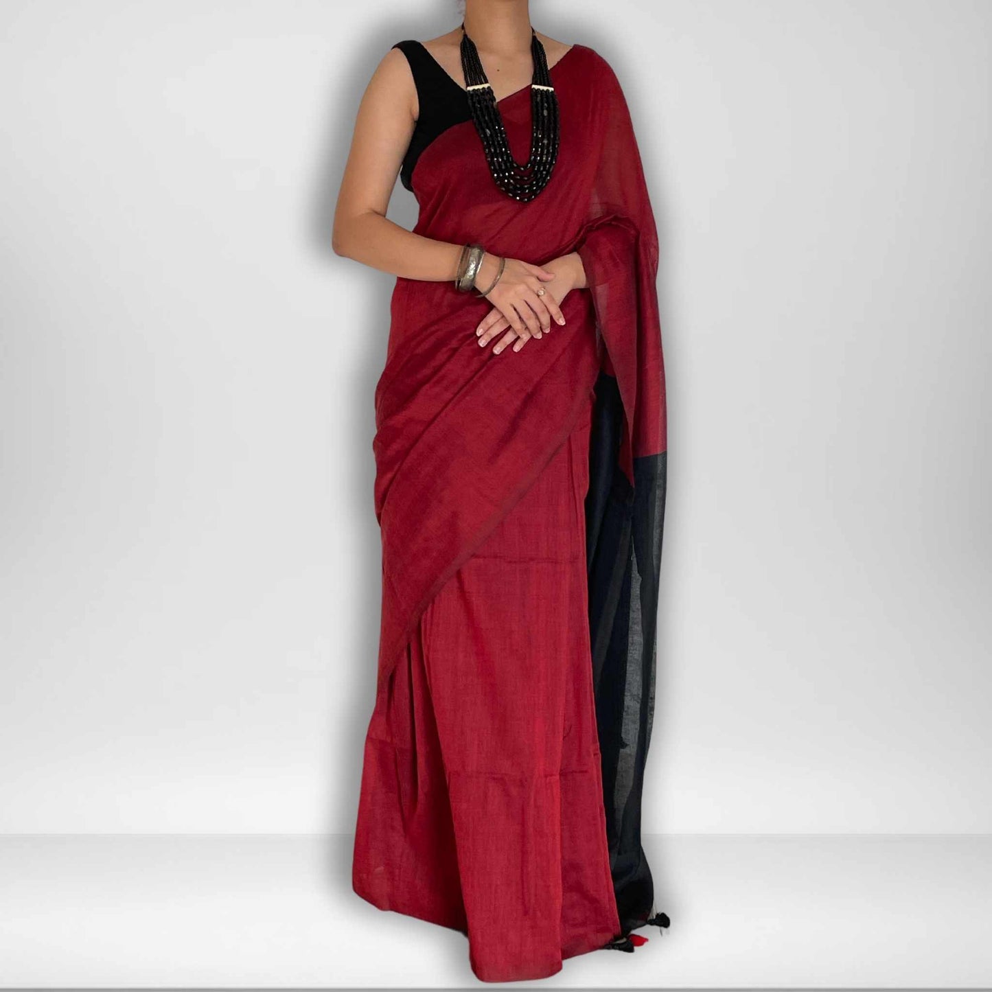 Damini, Red and Black Khadi Saree by Shobhangini, Khadi Saree, Cotton Saree