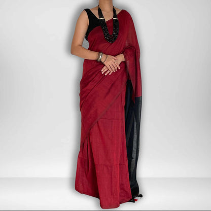 Damini, Red and Black Khadi Saree by Shobhangini, Khadi Saree, Cotton Saree