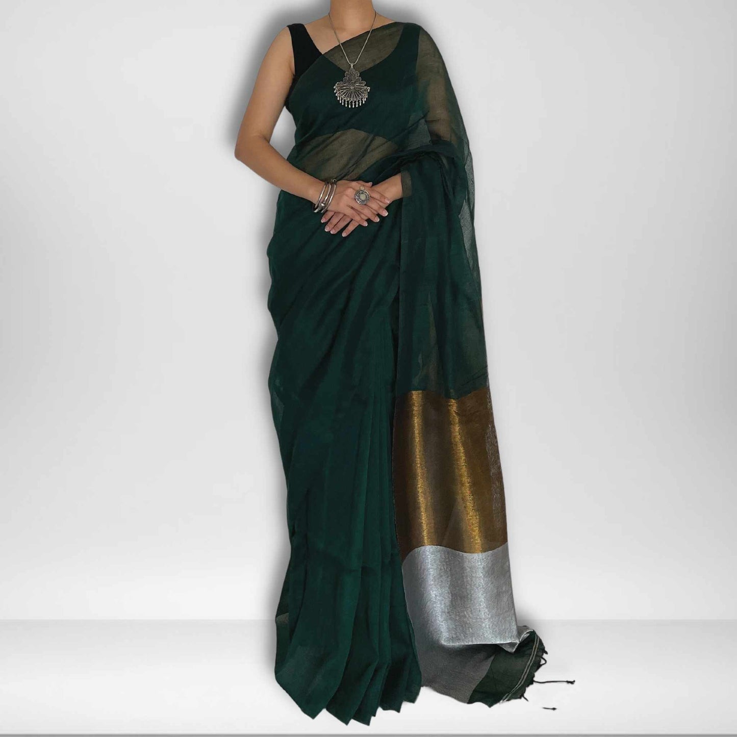 Deepa, Green Khadi Saree with Gold and Silver Zari on Pallu by Shobhangini, Khadi Saree, Zari Work Saree