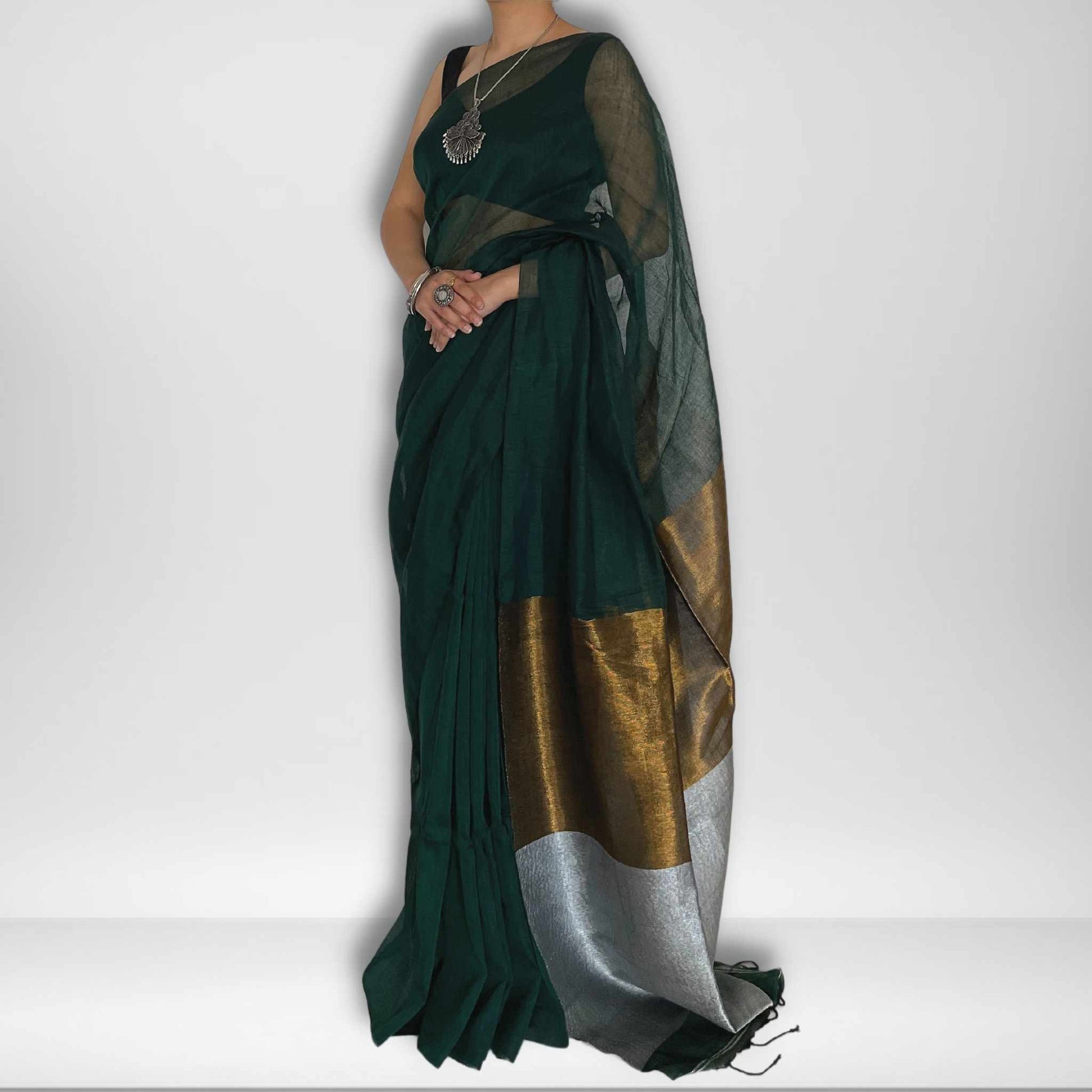 Deepa, Green Khadi Saree with Gold and Silver Zari on Pallu by Shobhangini, Khadi Saree, Zari Work Saree