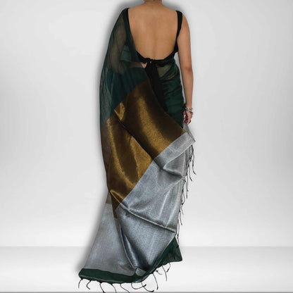 Deepa, Green Khadi Saree with Gold and Silver Zari on Pallu by Shobhangini, Khadi Saree, Zari Work Saree