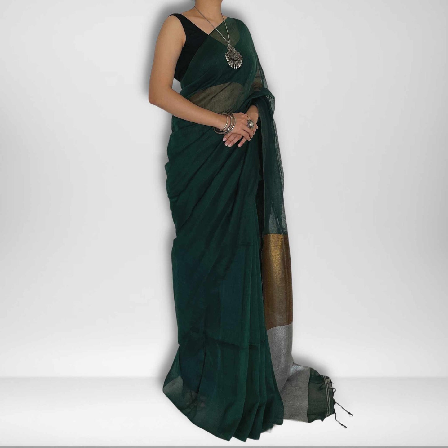 Deepa, Green Khadi Saree with Gold and Silver Zari on Pallu by Shobhangini, Khadi Saree, Zari Work Saree