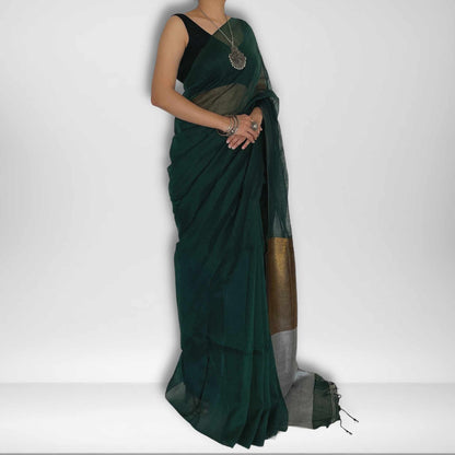 Deepa, Green Khadi Saree with Gold and Silver Zari on Pallu by Shobhangini, Khadi Saree, Zari Work Saree