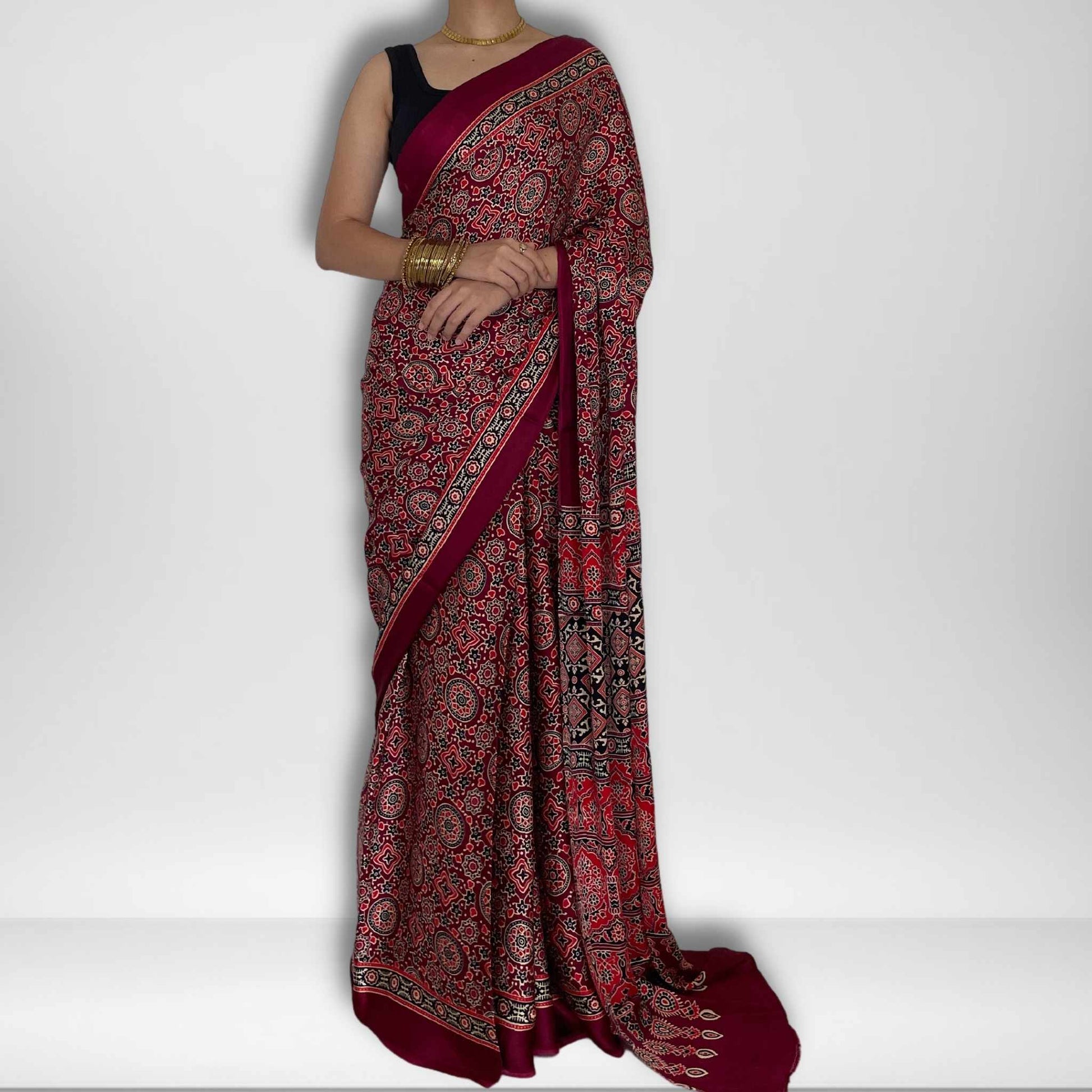 Eesha, Red Modal Saree with Ajrak Print by Shobhangini, Modal Saree, Ajrak Print Saree