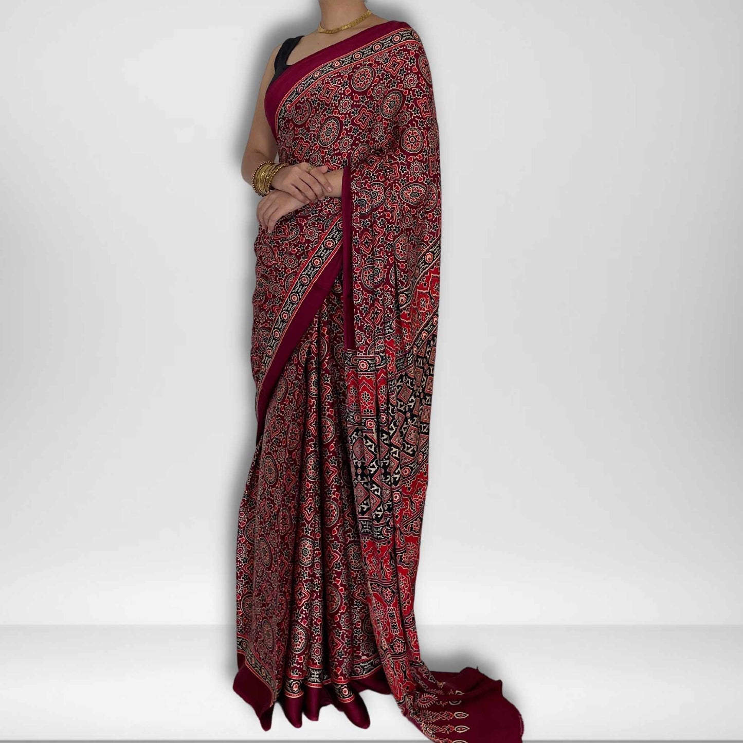 Eesha, Red Modal Saree with Ajrak Print by Shobhangini, Modal Saree, Ajrak Print Saree