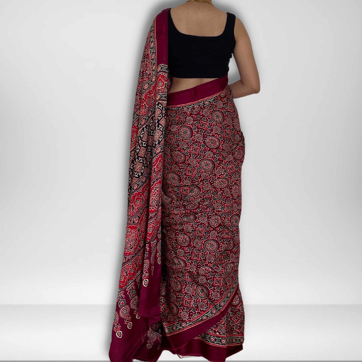 Eesha, Red Modal Saree with Ajrak Print by Shobhangini, Modal Saree, Ajrak Print Saree