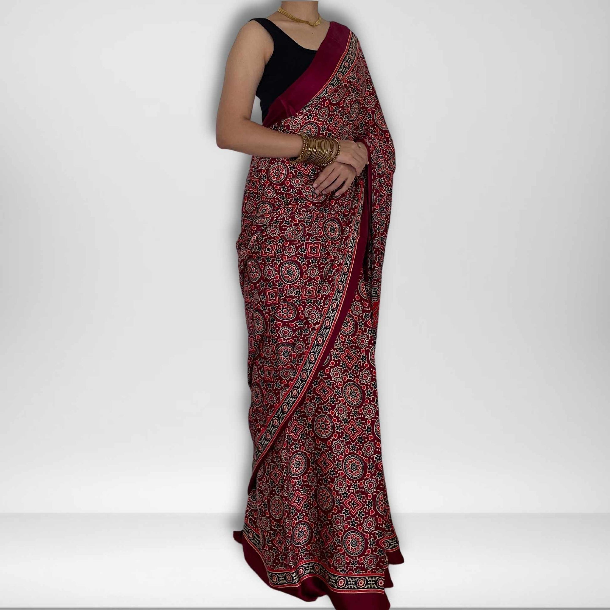 Eesha, Red Modal Saree with Ajrak Print by Shobhangini, Modal Saree, Ajrak Print Saree