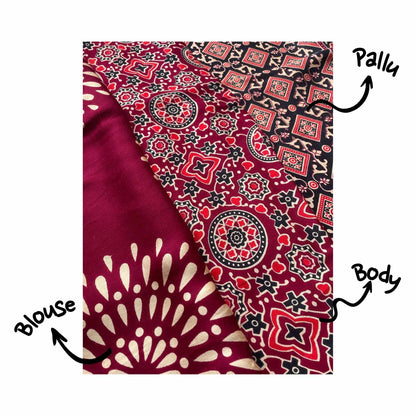 Eesha, Red Modal Saree with Ajrak Print by Shobhangini, Modal Saree, Ajrak Print Saree