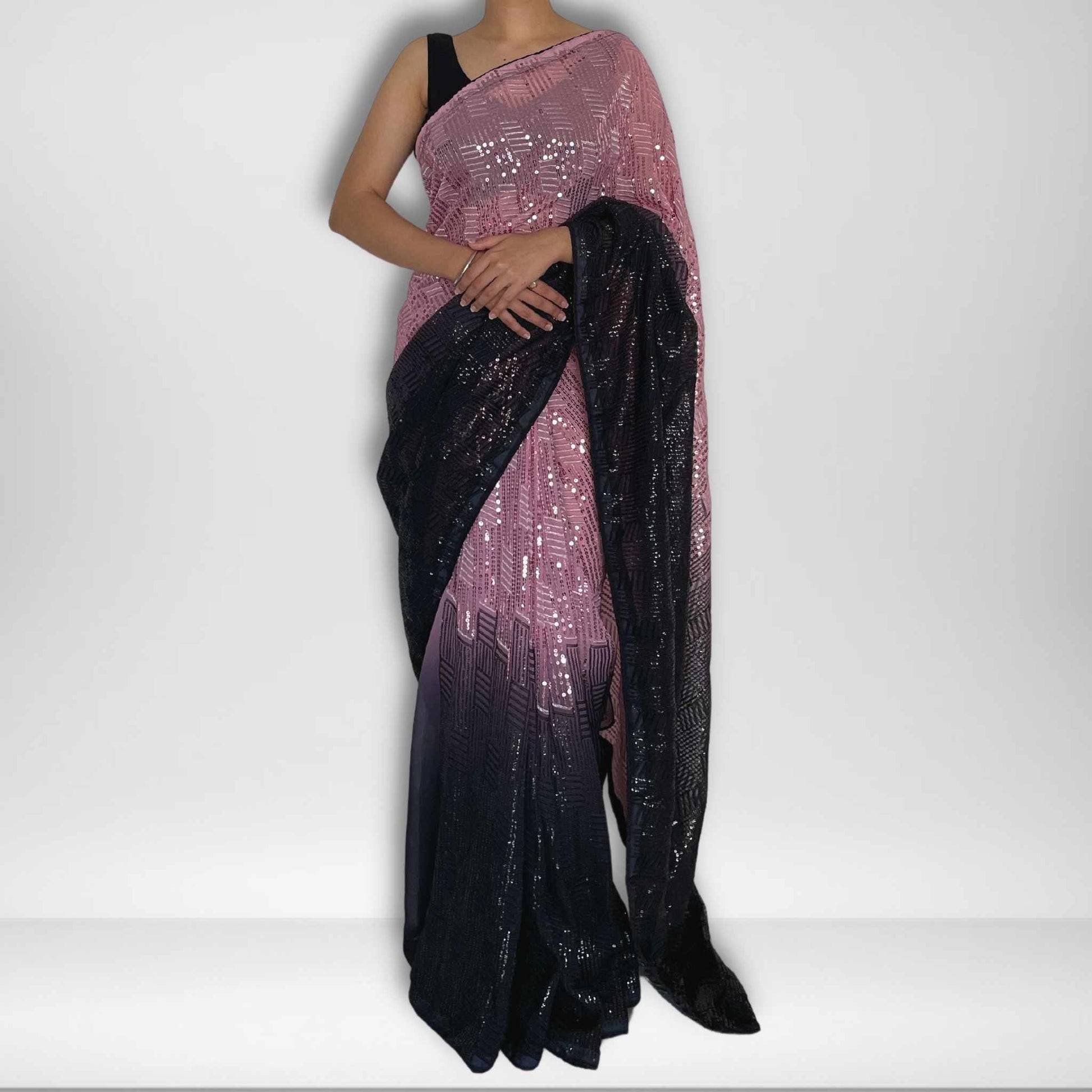 Farha, Black and Pink Sequin Georgette Saree by Shobhangini, Georgette Saree, Sequin Saree