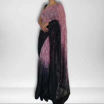 Farha, Black and Pink Sequin Georgette Saree by Shobhangini, Georgette Saree, Sequin Saree