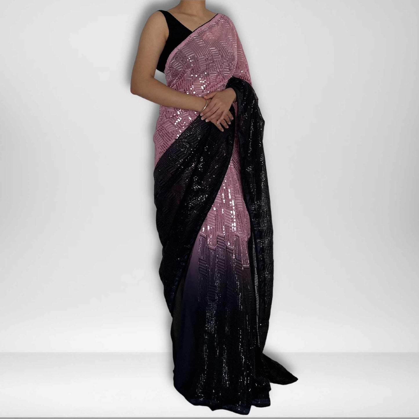 Farha, Black and Pink Sequin Georgette Saree by Shobhangini, Georgette Saree, Sequin Saree