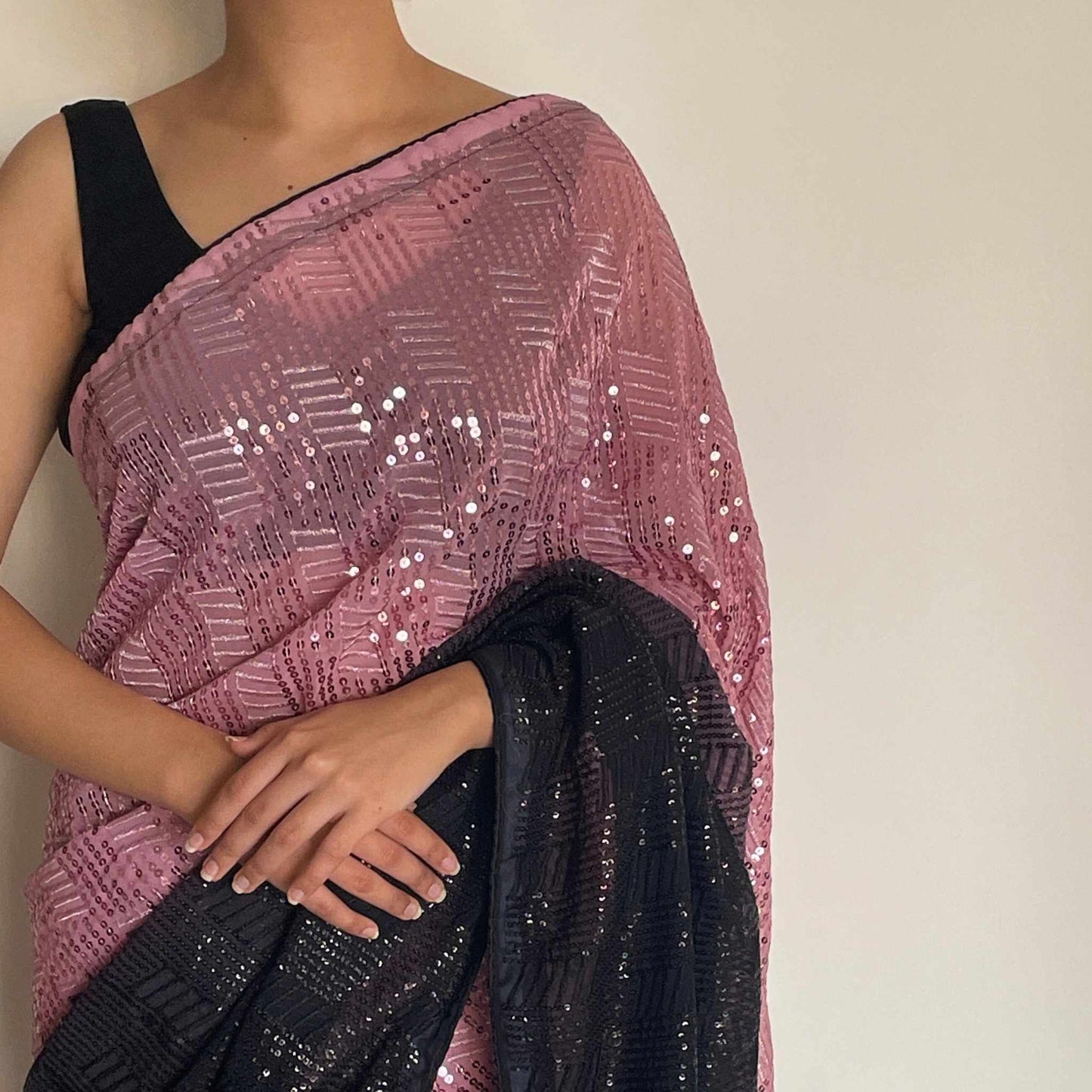 Farha, Black and Pink Sequin Georgette Saree by Shobhangini, Georgette Saree, Sequin Saree