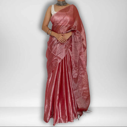 Ishwari, Onion Pink Raga Cotton Tissue Saree with Silver Zari Work by Shobhangini