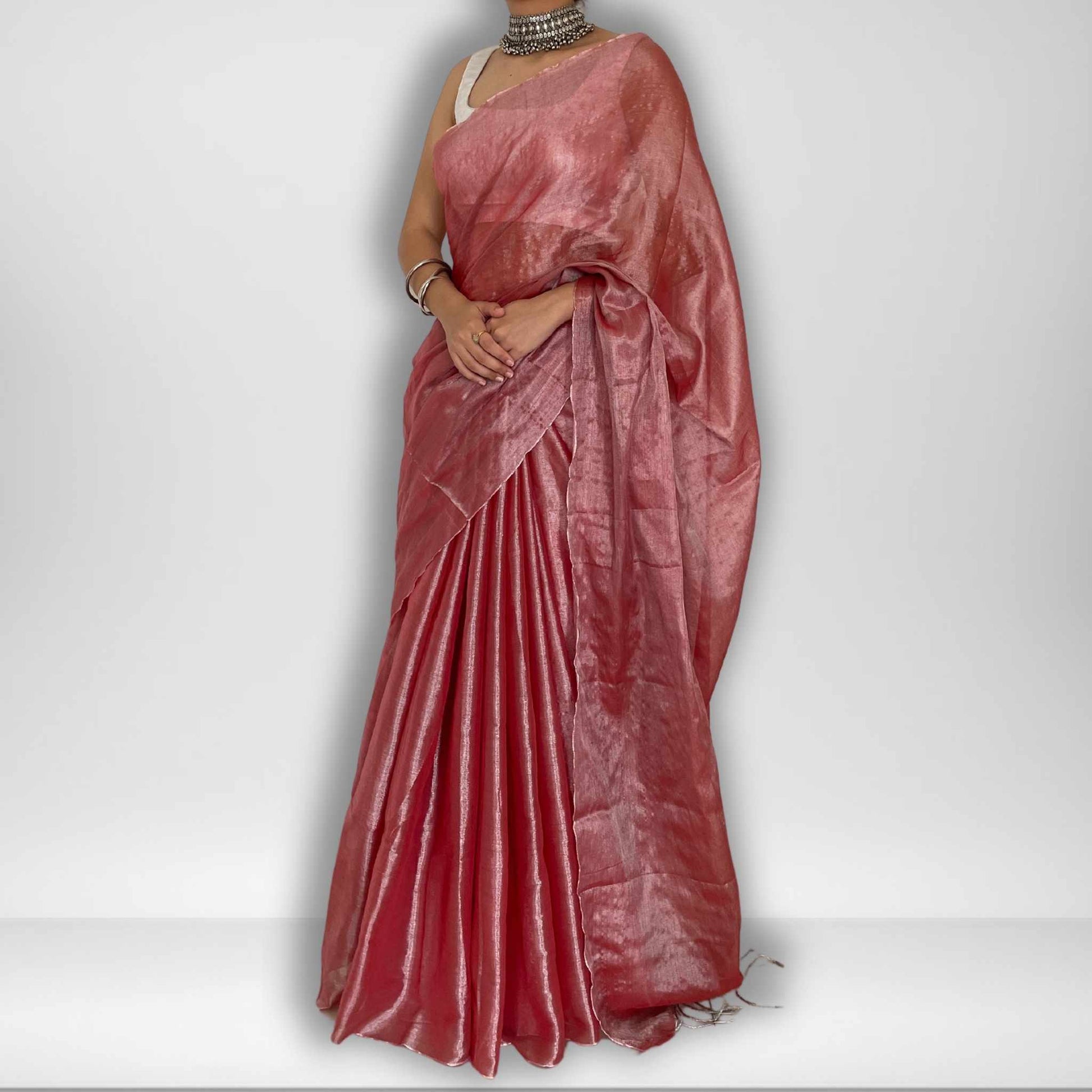 Ishwari, Onion Pink Raga Cotton Tissue Saree with Silver Zari Work by Shobhangini