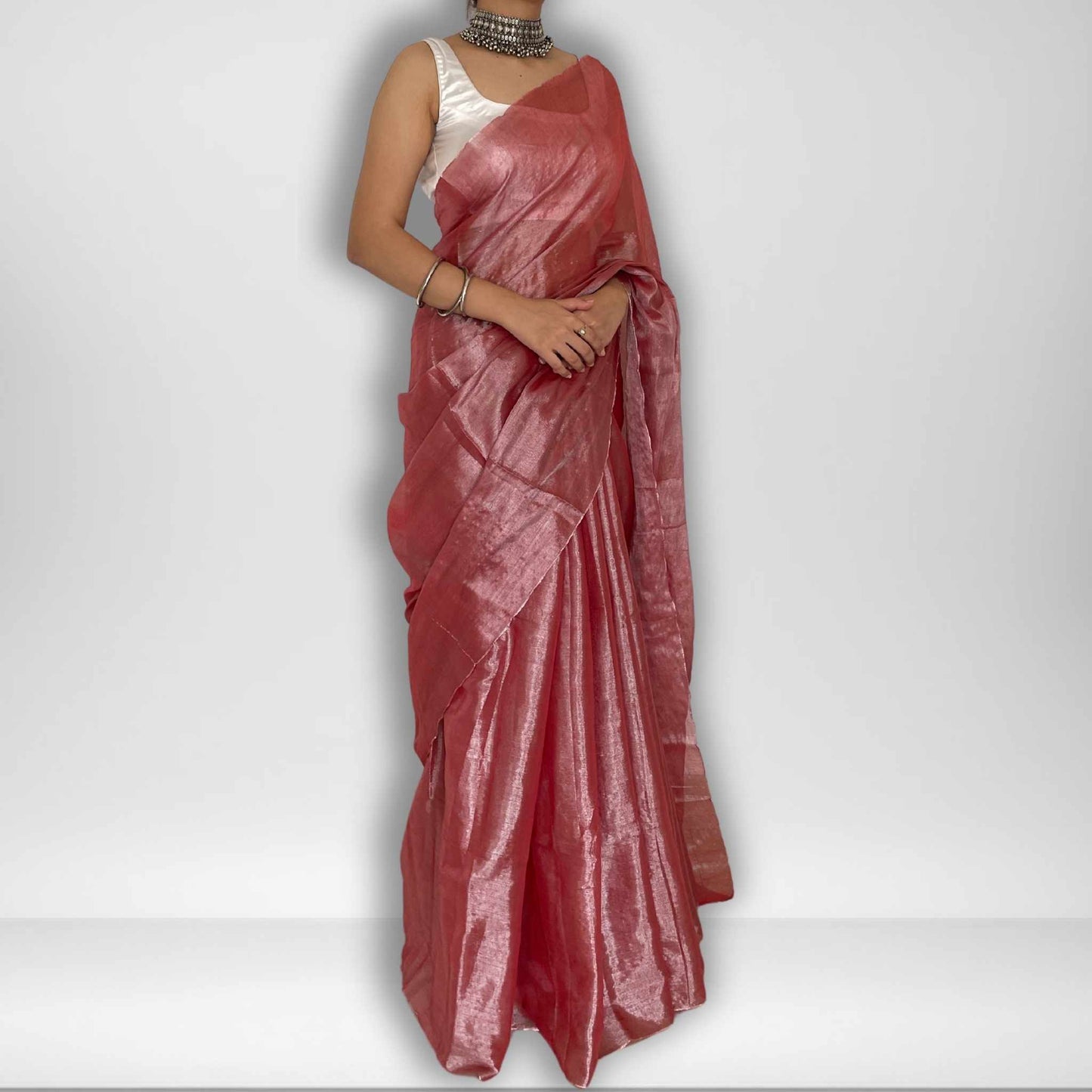 Ishwari, Onion Pink Raga Cotton Tissue Saree with Silver Zari Work by Shobhangini