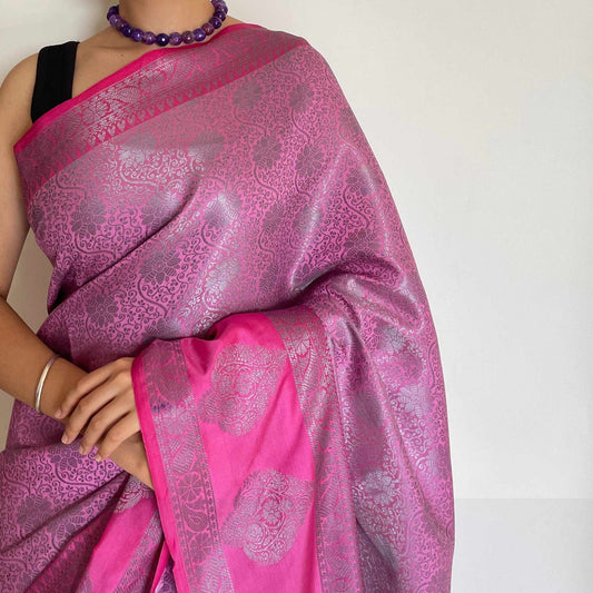 Kopal, Pink with Grey Zari Banarasi Brocade Saree by Shobhangini, Banarasi Brocade Saree, Silk Saree