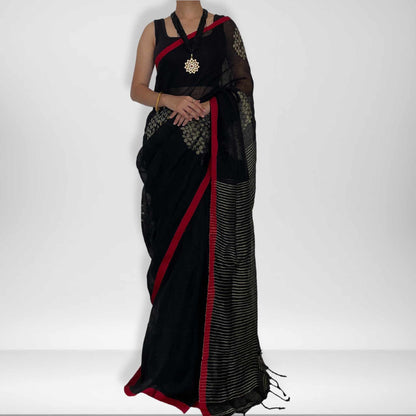 Krishna, Black Khadi Saree with Red Border and Zari Work by Shobhangini