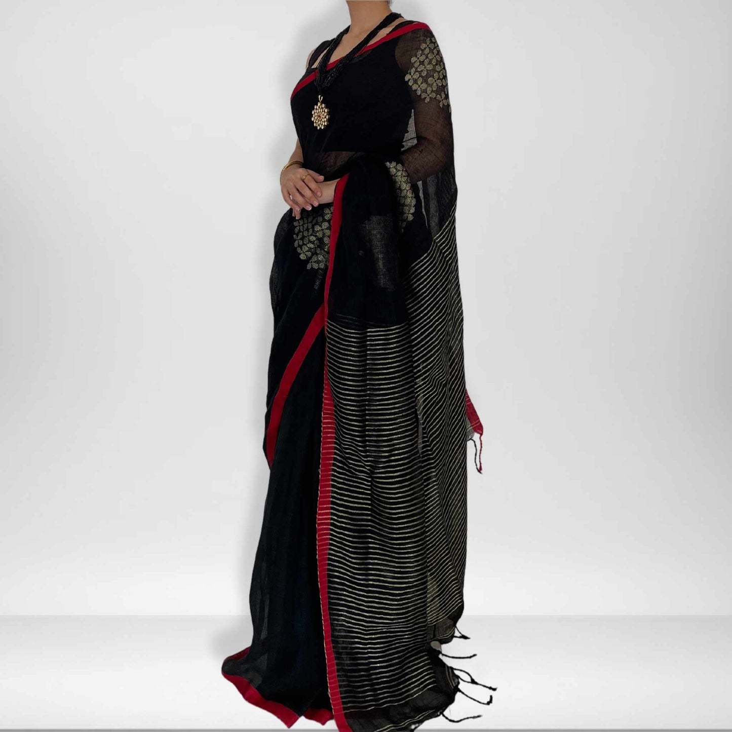 Krishna, Black Khadi Saree with Red Border and Zari Work by Shobhangini