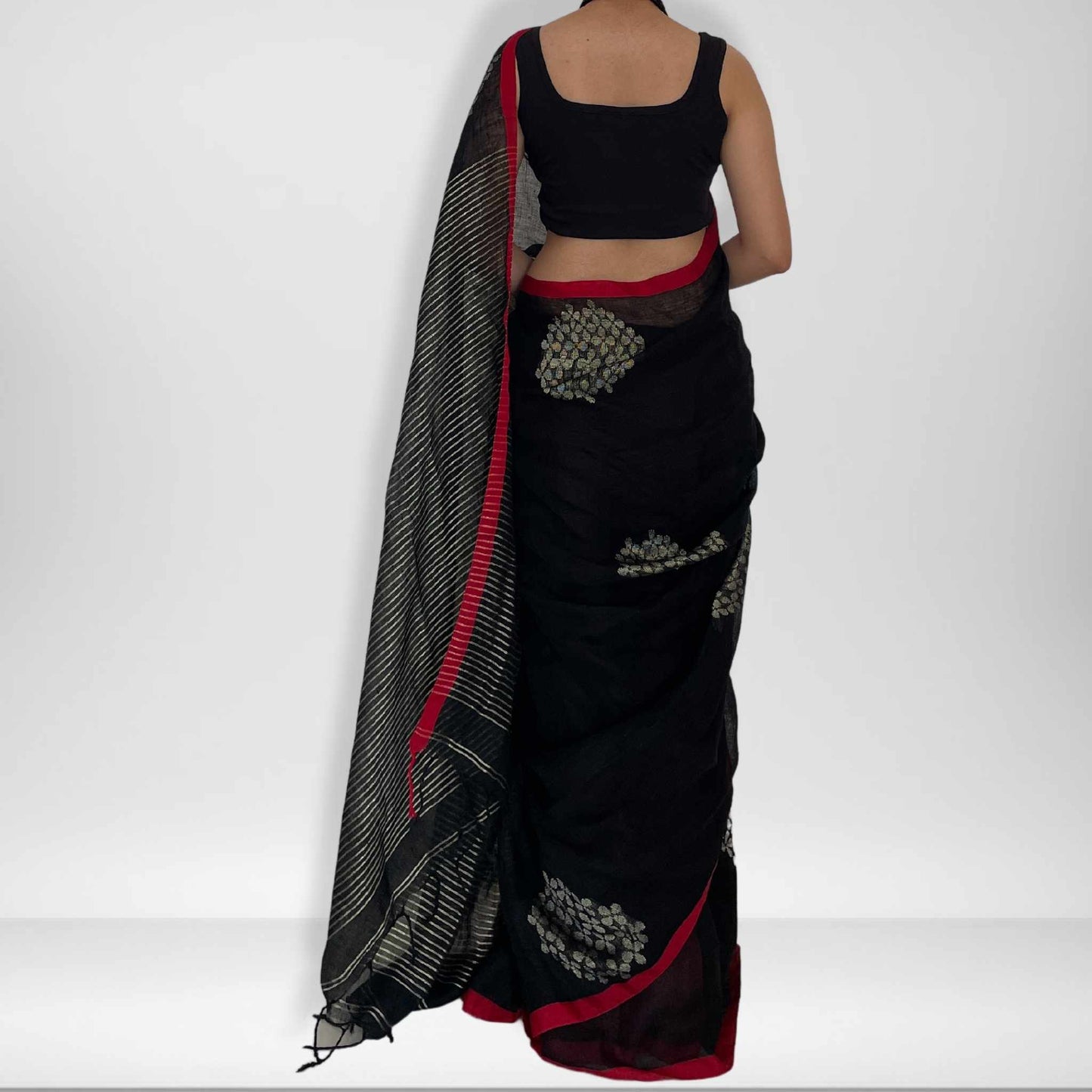 Krishna, Black Khadi Saree with Red Border and Zari Work by Shobhangini