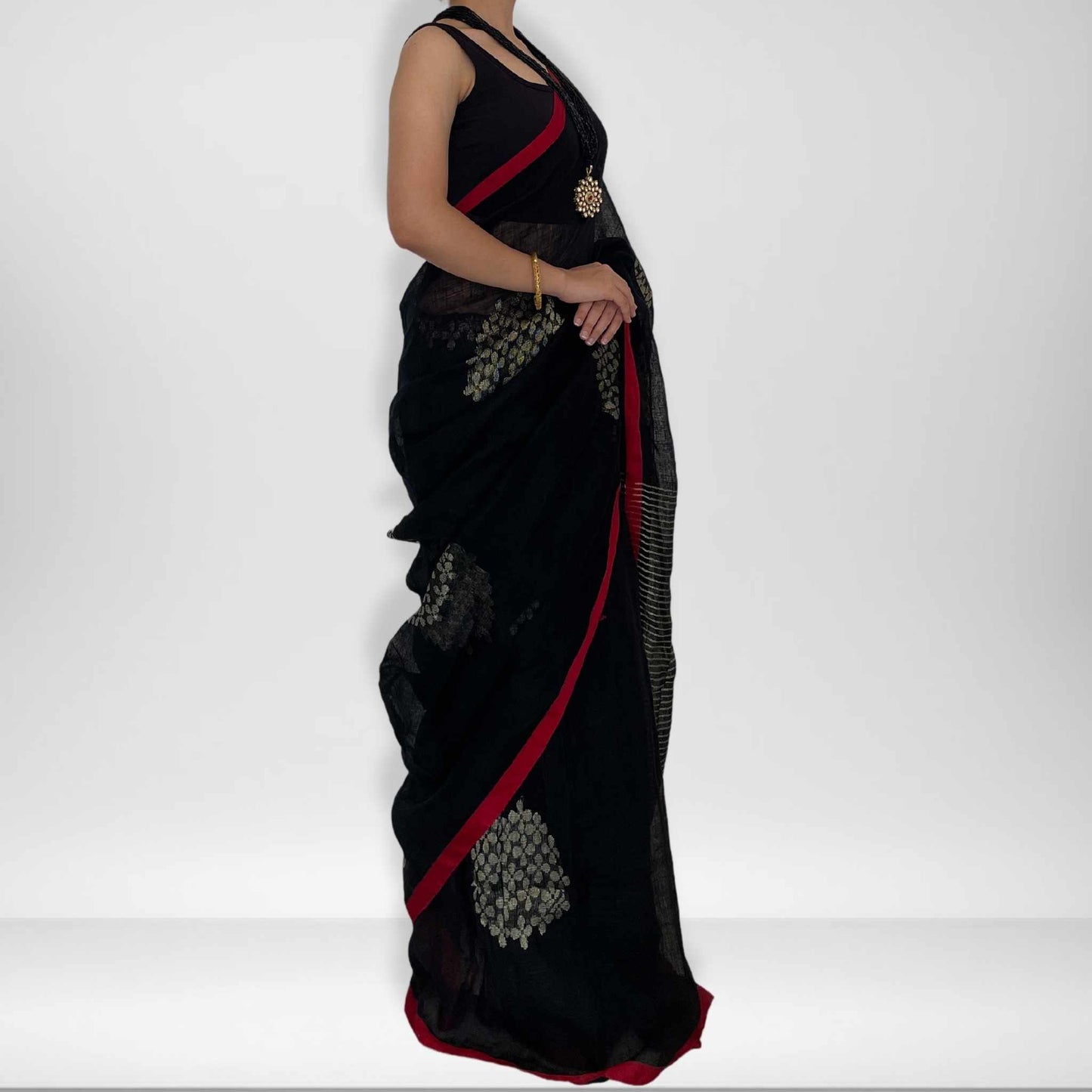 Krishna, Black Khadi Saree with Red Border and Zari Work by Shobhangini