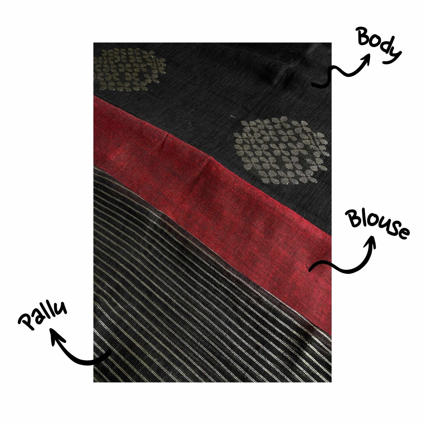 Krishna, Black Khadi Saree with Red Border and Zari Work by Shobhangini