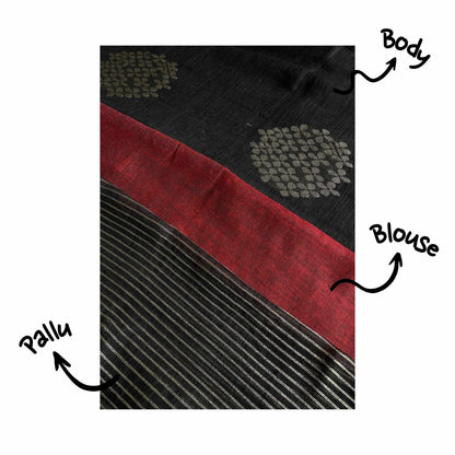 Krishna, Black Khadi Saree with Red Border and Zari Work by Shobhangini