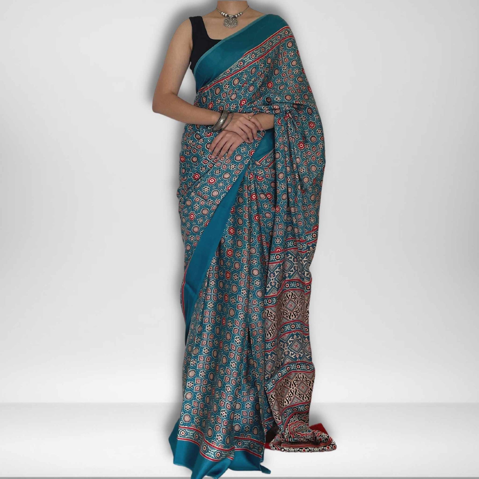 Lavanya, Blue Modal Saree with Ajrak Print by Shobhangini, Modal Saree, Ajrak Print Saree