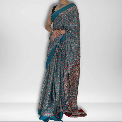 Lavanya, Blue Modal Saree with Ajrak Print by Shobhangini, Modal Saree, Ajrak Print Saree