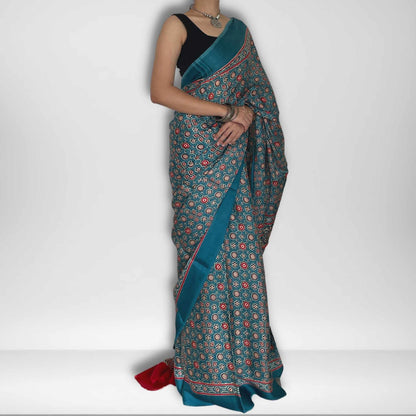 Lavanya, Blue Modal Saree with Ajrak Print by Shobhangini, Modal Saree, Ajrak Print Saree