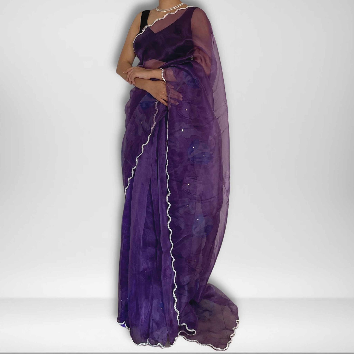 Mahi, Purple Organza Saree with Beadwork Border by Shobhangini, Purple Saree, Embellished Saree