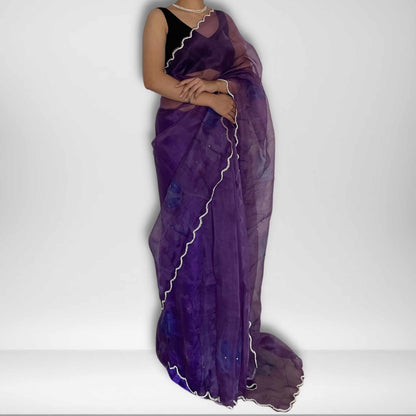 Mahi, Purple Organza Saree with Beadwork Border by Shobhangini, Purple Saree, Embellished Saree